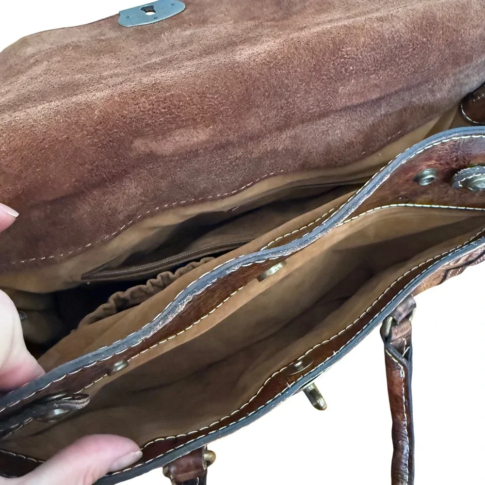 $300 Patricia Nash Vienna Satchel Tuscan Tan Hand Tooled Leather Floral Handbag